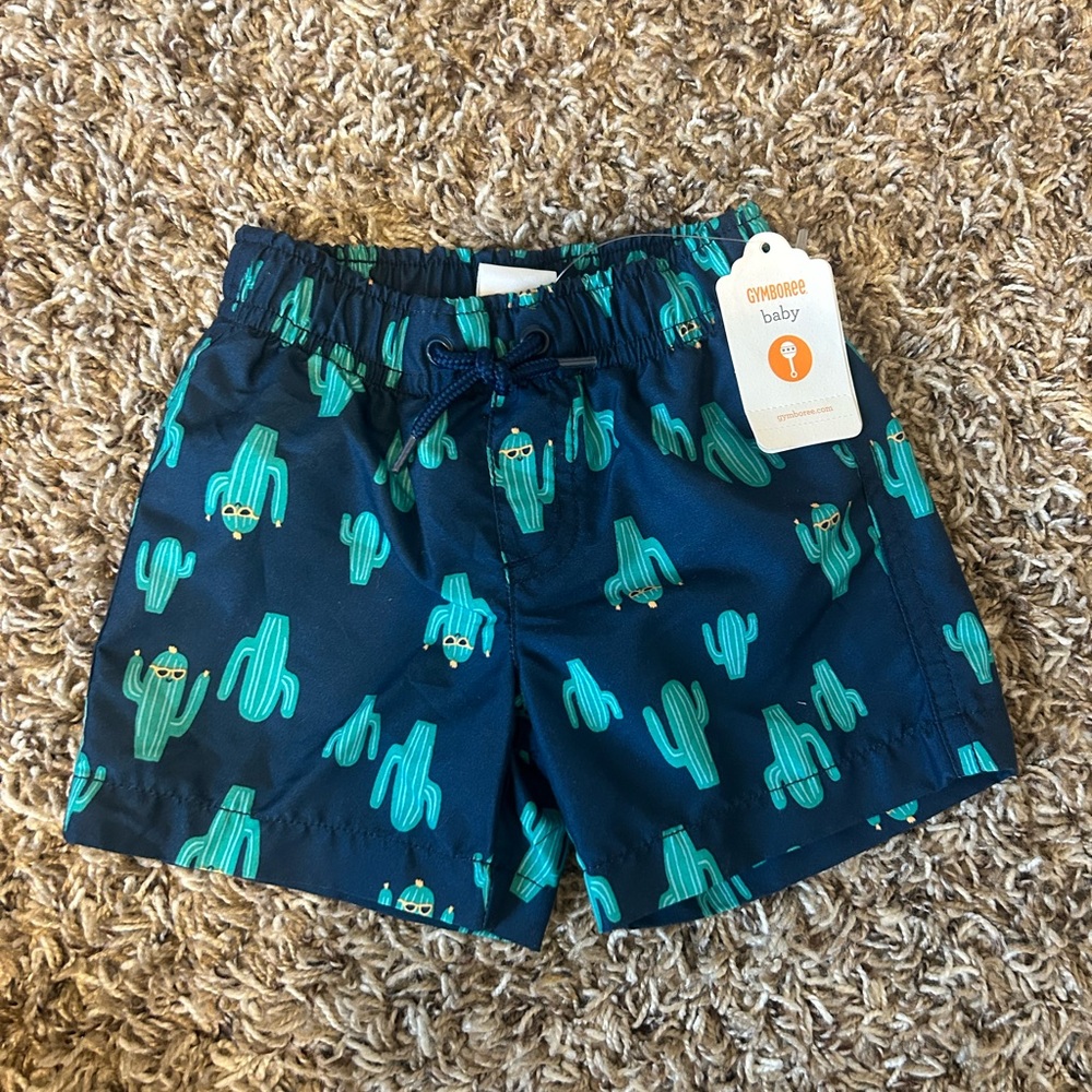 Gymboree Navy Blue Cactus Baby Boy Swim Trunks | Size 0-3 Months